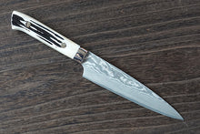 Load image into Gallery viewer, CS209 Japanese Petty knife Saji - VG10 Black Damascus 145mm (deer horn handle)