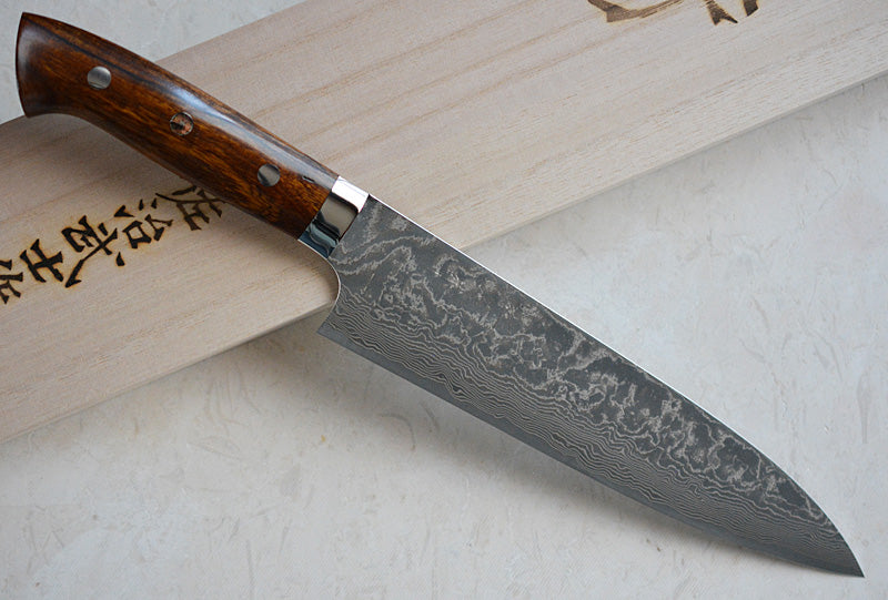 Japanese Gyuto Knife R2 Damascus steel Saji Brand Iron wood handle