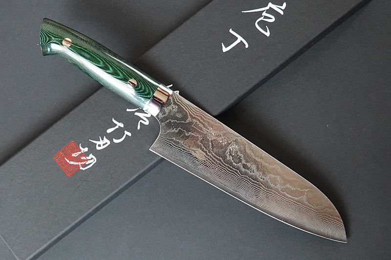 CS208 Japanese Santoku knife Saji - VG10 Damascus steel 180mm Green Handle